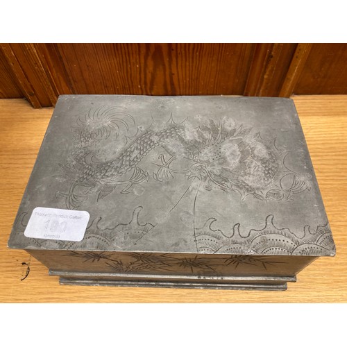 190 - Oriental trinket box with dragon design, makers mark to base Kut Hing Pewter Swatow.