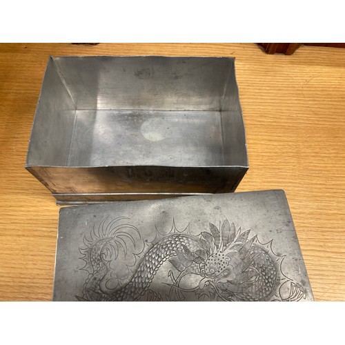 190 - Oriental trinket box with dragon design, makers mark to base Kut Hing Pewter Swatow.