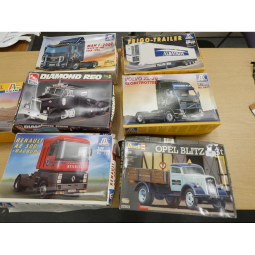 60 - Seven boxed lorry kits by Italeri to include Volvo, Renault, Opel, Man F-200.