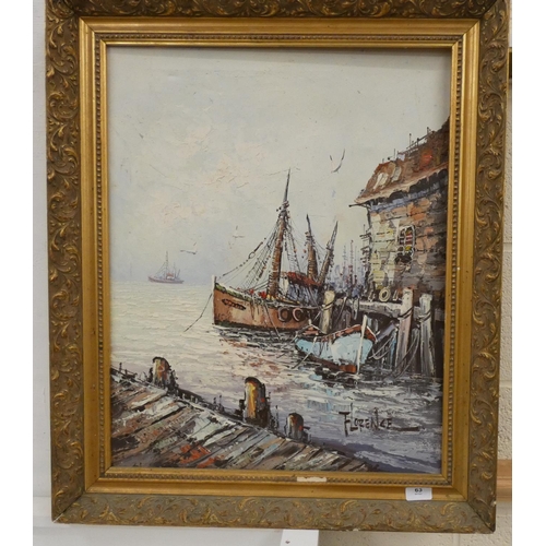 63 - Large gilt frame, oil on board fishing village scene, signed.