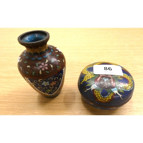 86 - Small cloisonné baluster vase and a similar dish and cover.