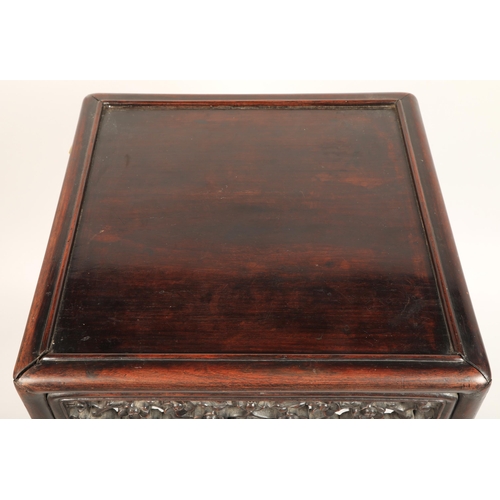 616 - Nest of four Chinese hardwood tables, rectangular painted tops with raised moulded edges above a fri... 