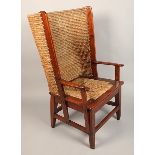 621 - Early 20th century pine framed Orkney chair with rush seat back (revarnished) length 60cm, height 10... 