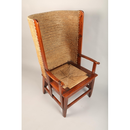 621 - Early 20th century pine framed Orkney chair with rush seat back (revarnished) length 60cm, height 10... 