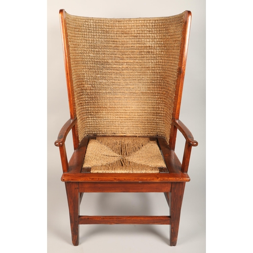 621 - Early 20th century pine framed Orkney chair with rush seat back (revarnished) length 60cm, height 10... 