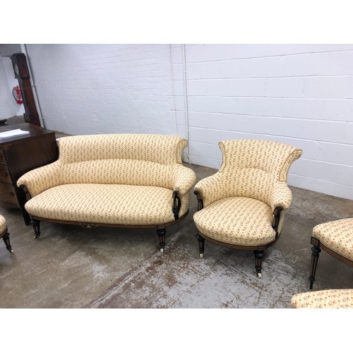 635 - Victorian ebony and burr walnut drawing room suite consisting of a scroll end settee, two arm chairs... 