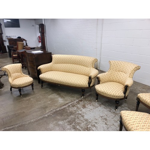 635 - Victorian ebony and burr walnut drawing room suite consisting of a scroll end settee, two arm chairs... 