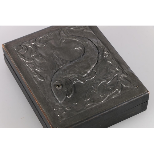 1 - Early 20th century cigarette box, with beaten metal panel depicting fish, 3cm x 13cm x 10cm.