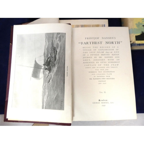 133 - NANSEN FRIDTJOF.  Farthest North. 2 vols. Illus. & maps. Half maroon morocco. 1898; also 2 other... 
