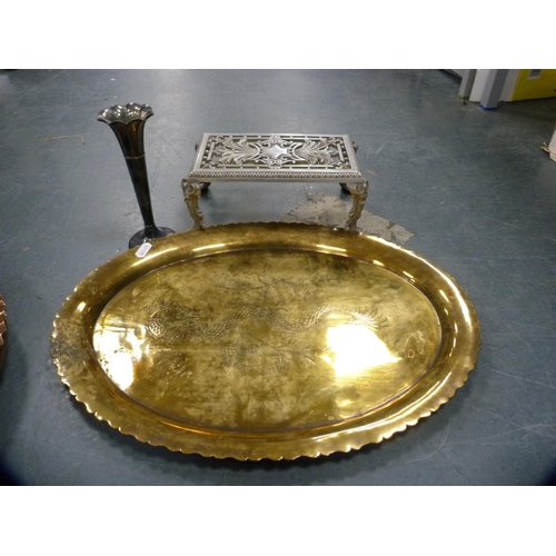 102 - Group of brass and copper to include two copper trays, brass tray, also an EP solifleur, Georgian-st... 