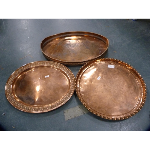 102 - Group of brass and copper to include two copper trays, brass tray, also an EP solifleur, Georgian-st... 