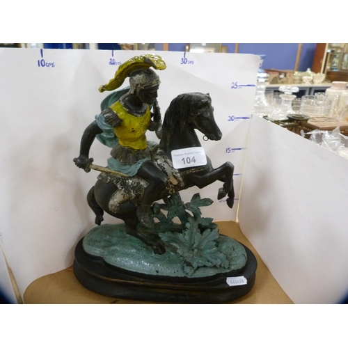 104 - Victorian painted spelter figure group of a Roman Centurion on horseback, on a wooden plinth base.