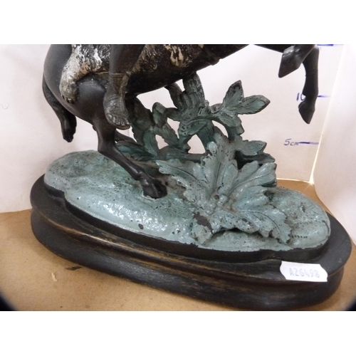 104 - Victorian painted spelter figure group of a Roman Centurion on horseback, on a wooden plinth base.