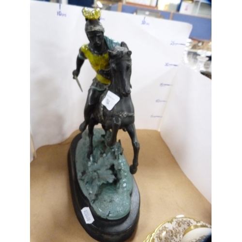 104 - Victorian painted spelter figure group of a Roman Centurion on horseback, on a wooden plinth base.