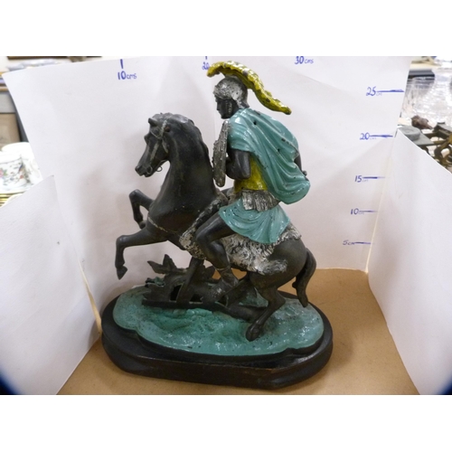 104 - Victorian painted spelter figure group of a Roman Centurion on horseback, on a wooden plinth base.