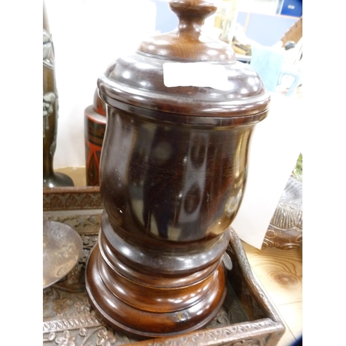 110 - Group of wooden items to include lignum vitae-style jar and cover on stand, Indian-style sandalwood ... 