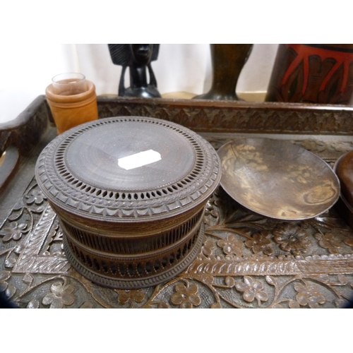 110 - Group of wooden items to include lignum vitae-style jar and cover on stand, Indian-style sandalwood ... 