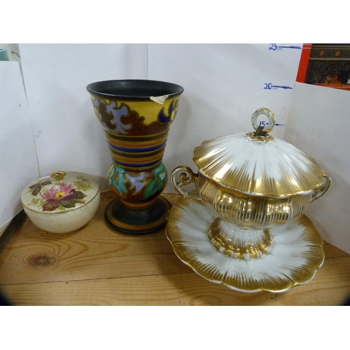 114 - Spittoon, Majolica plate, Phoenix Ware jug, Gouda vase, Limoges-style jar and cover, glazed tureen o... 