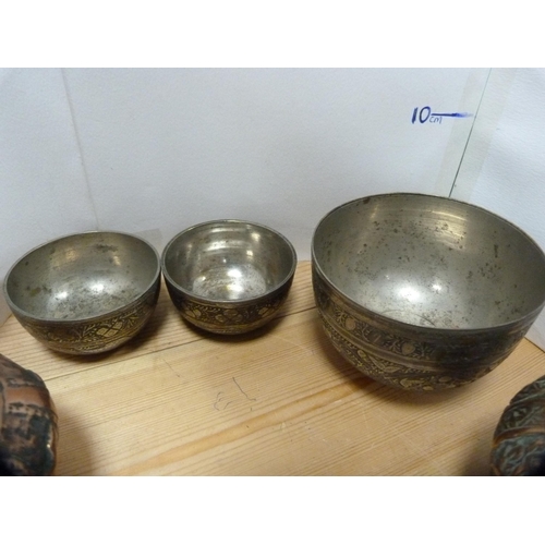 115 - Copper spill vases, brass spill vase and similar white metal bowls.  (8)