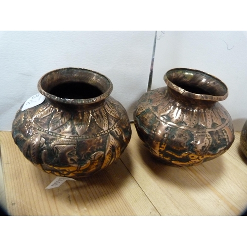 115 - Copper spill vases, brass spill vase and similar white metal bowls.  (8)