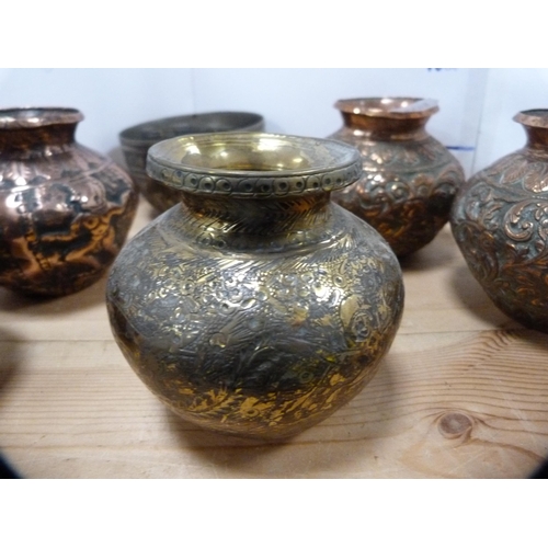 115 - Copper spill vases, brass spill vase and similar white metal bowls.  (8)