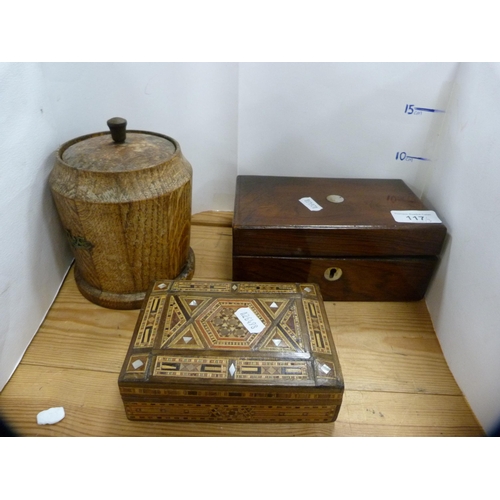 117 - Victorian mahogany mother of pearl inlaid box, Vintage oak tea canister and cover, and a Middle East... 