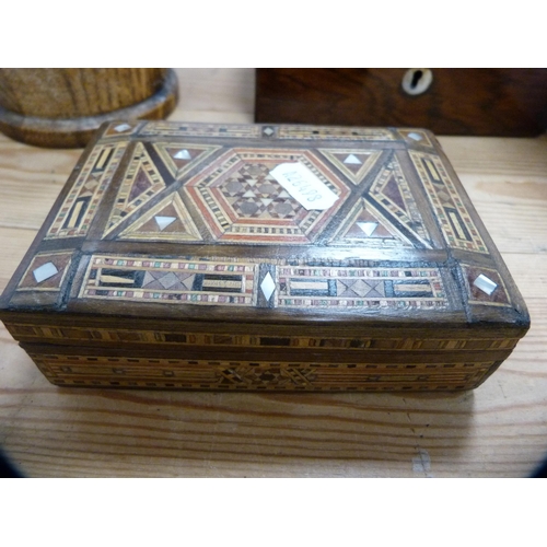 117 - Victorian mahogany mother of pearl inlaid box, Vintage oak tea canister and cover, and a Middle East... 