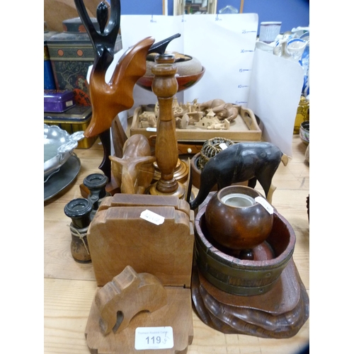 119 - Wood and treen to include candlesticks, bookends, Art Deco-style figure, bowls, stands, spoons, orie... 