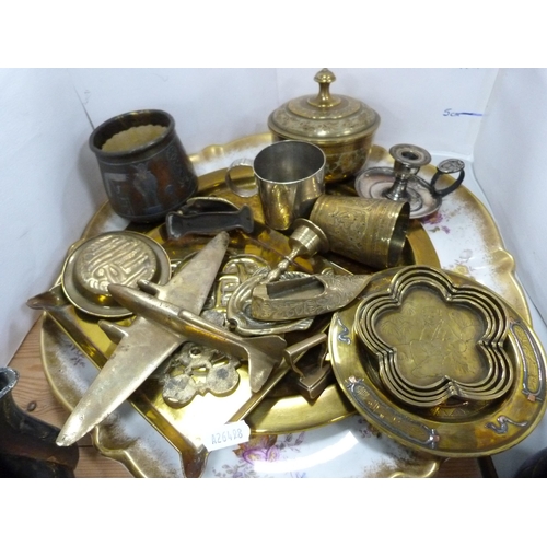 120 - Brass and plated wares to include Indian-style ornaments, plated cream jug, dishes, warming stand, c... 