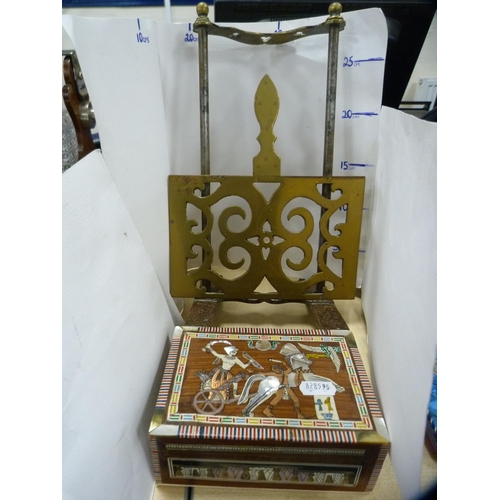 134 - Victorian brass and iron book stand and an Egyptian-style inlaid box.  (2)