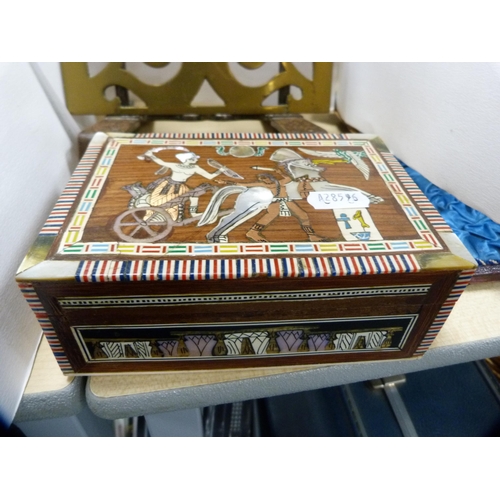 134 - Victorian brass and iron book stand and an Egyptian-style inlaid box.  (2)