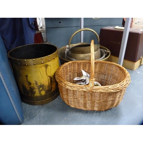 135 - Vintage brass and other jelly pans, brass coal helmet, also a wicker shopping basket, wastepaper bin... 