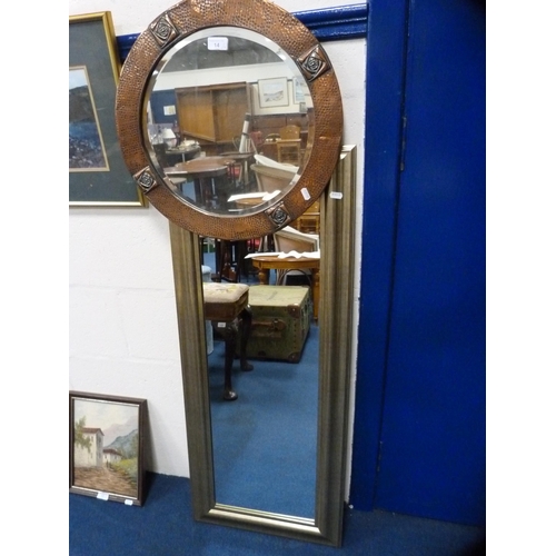 14 - Arts & Crafts-style hammered copper wall mirror with repoussé roundels, and a modern wall... 