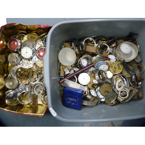 145 - Two boxes containing assorted watch parts, pocket watch parts, cases, dials, wristwatch parts etc.