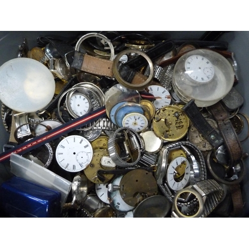 145 - Two boxes containing assorted watch parts, pocket watch parts, cases, dials, wristwatch parts etc.