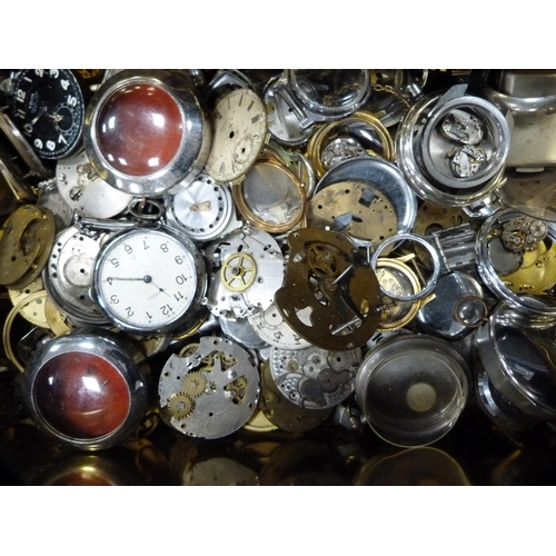 145 - Two boxes containing assorted watch parts, pocket watch parts, cases, dials, wristwatch parts etc.