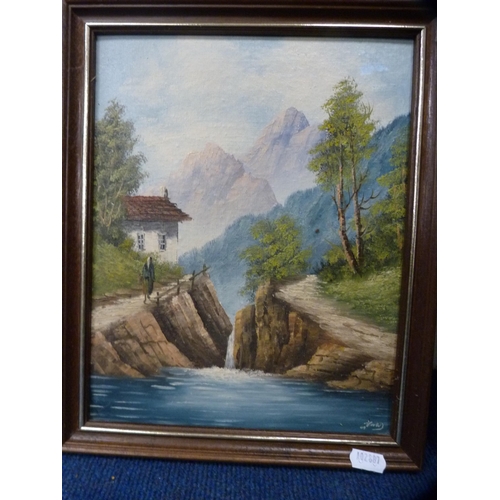 15 - Pair of modern continental-style oils depicting a landscape and a village scene.  (2)