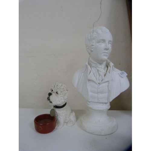 155 - Bisque Scottish-style figures, painted plaster bust of Robert Burns on a socle base, reproduction Eg... 