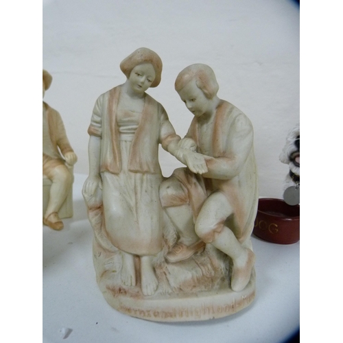 155 - Bisque Scottish-style figures, painted plaster bust of Robert Burns on a socle base, reproduction Eg... 