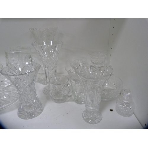 158 - Crystal and glassware to include bowls, glasses, green vases, ruby glass overlaid basket and a Bohem... 