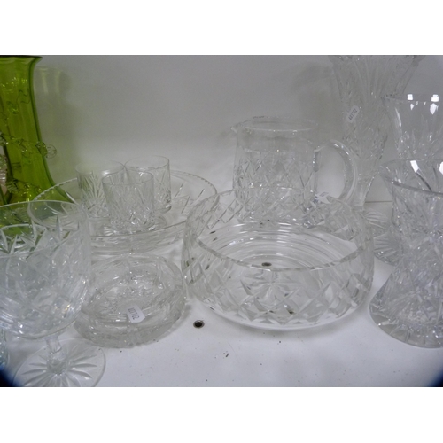 158 - Crystal and glassware to include bowls, glasses, green vases, ruby glass overlaid basket and a Bohem... 