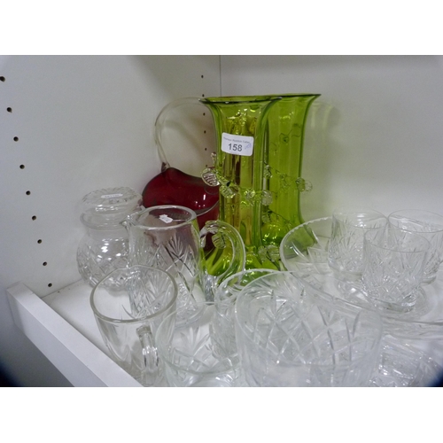 158 - Crystal and glassware to include bowls, glasses, green vases, ruby glass overlaid basket and a Bohem... 