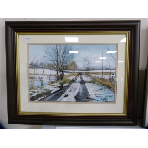 166 - Hugh BrydenWinter scenePastel, also a framed wall mirror and a print.  (3)... 