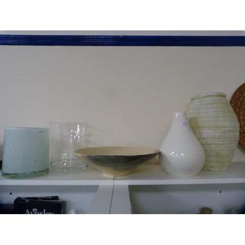 174 - Modern studio pottery bowl and vase, also three contemporary glass vases.  (5)