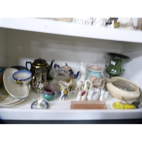 177 - Teapots, vase with spreader, bowl, urn-shaped vase, ornaments etc (one shelf).