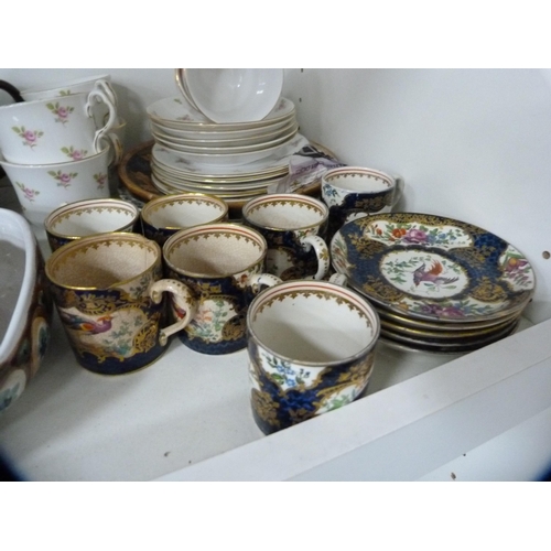 179 - Coffee set decorated with exotic birds, hand-painted bowl, part tea set, ornaments, glass decanter, ... 