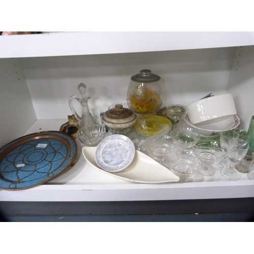 180 - Assorted glasses, claret jug, bowl, cylindrical vase, copper plaque etc (one shelf).