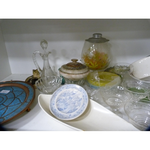 180 - Assorted glasses, claret jug, bowl, cylindrical vase, copper plaque etc (one shelf).