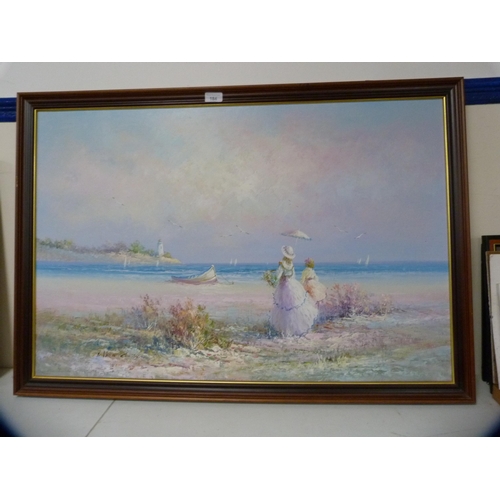 184 - Modern French-style oil depicting a beach scene with figures.