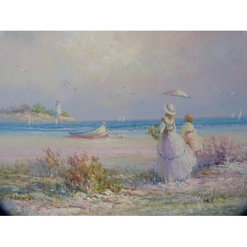 184 - Modern French-style oil depicting a beach scene with figures.